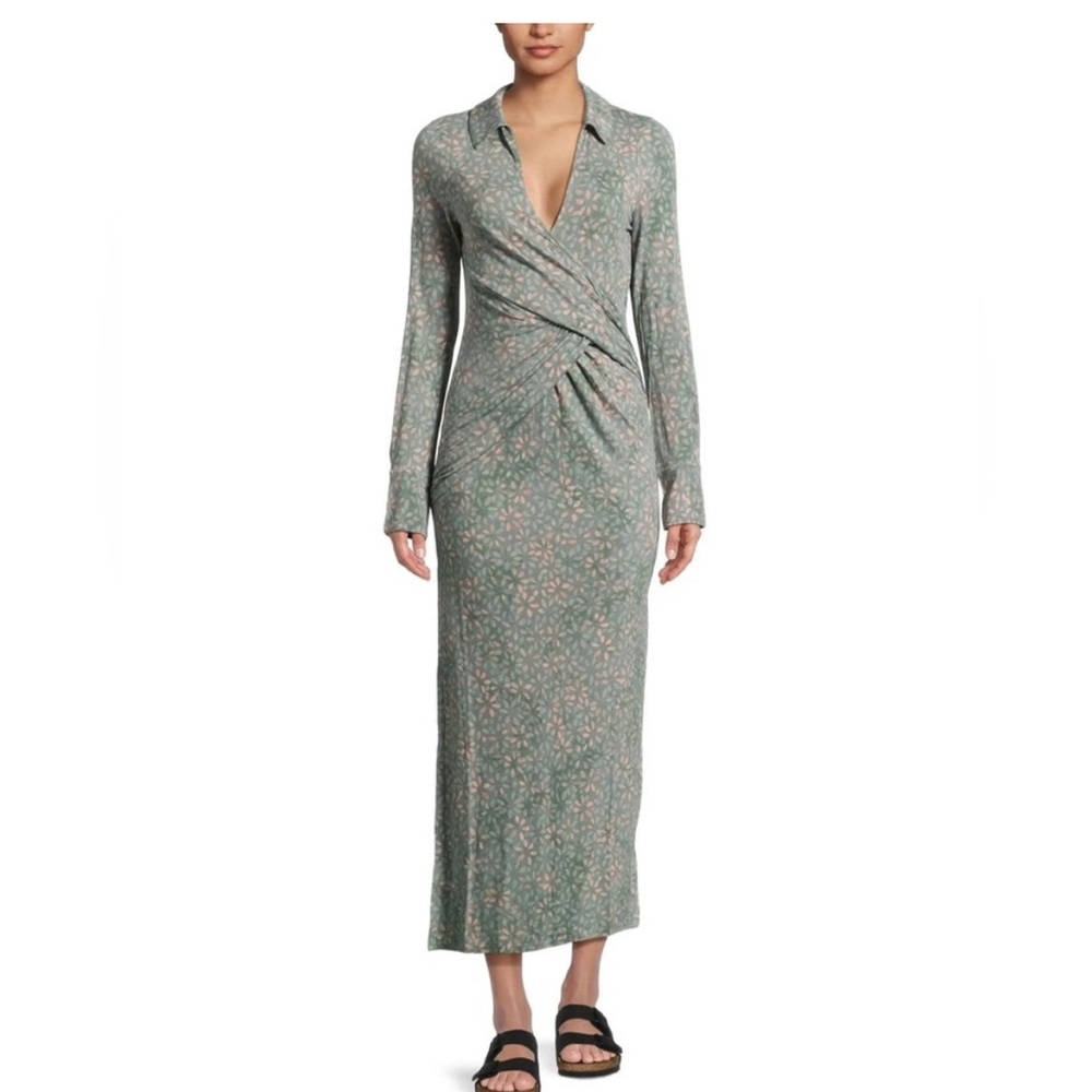 Free People Shayla Floral Long Sleeve Wrap Midi Dress Size S - Mint Combo